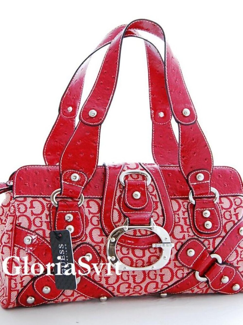 NWT GUESS GLOSS VINTAGE Y2K LARGE SATCHEL BAG WITH TEXTURED OSTRICH LEATHER